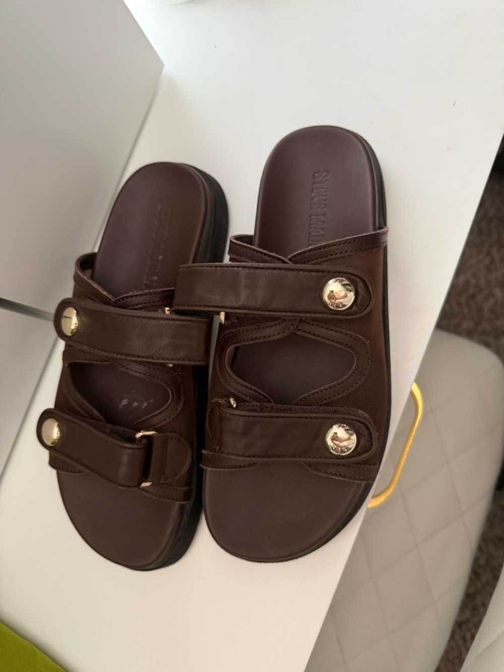 Steve Madden Brown Leather Slide Sandals with Gold Studs